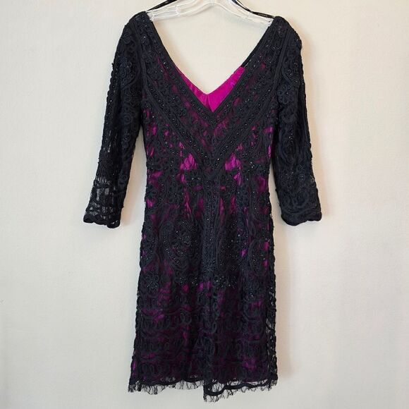 Sue Wong Black and Pink Beaded V-neck Cocktail Dress Size 4 - Picture 8 of 11